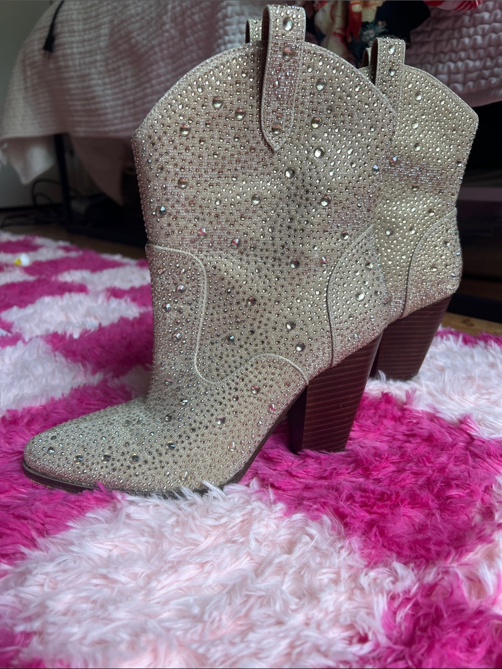 Jessica Simpson Cream Rhinestone Western Ankle Boots